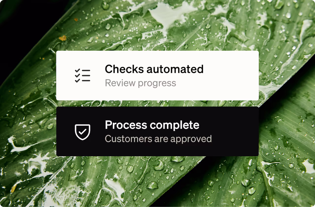 Verify workflow showing automated checks in progress and a process complete notification with customer approvals